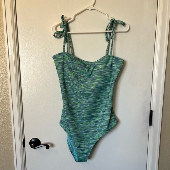 AERIE Blue and Green Cheeky One Piece Shoulder Tie Bathing Suit | XL - Picture 3 of 10